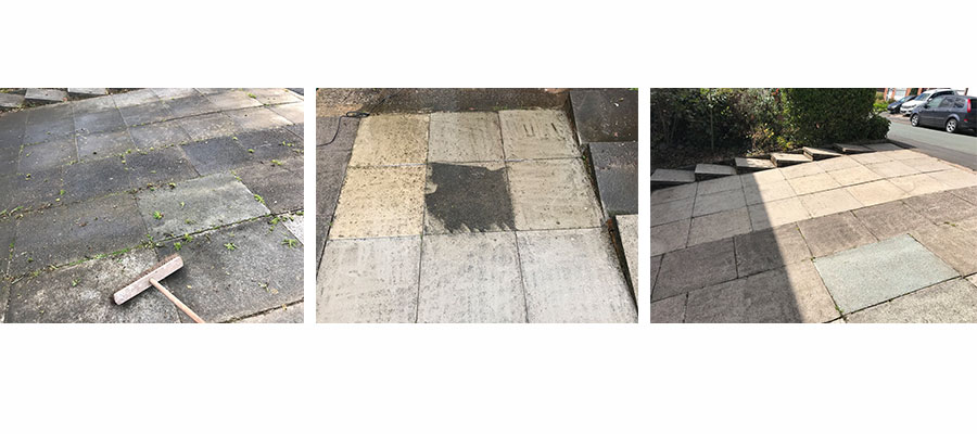 Before, during and after shots of driveway cleaned with Bosch UniversalAquatak 135 High Pressure Washer (£179)