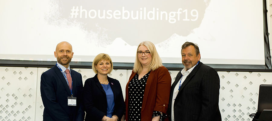 Housebuilding Forum speakers – Peter Lowe from Barv=clays, Stephanie Ainsworth from Homes England, Victoria Galligan from Housing Association magazine and Val Bagnall from Apex Airspace